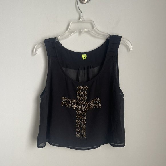 Farm Rio Black Sheer Embellished Cross Cropped Tank Sleeveless Women's - Picture 6 of 7
